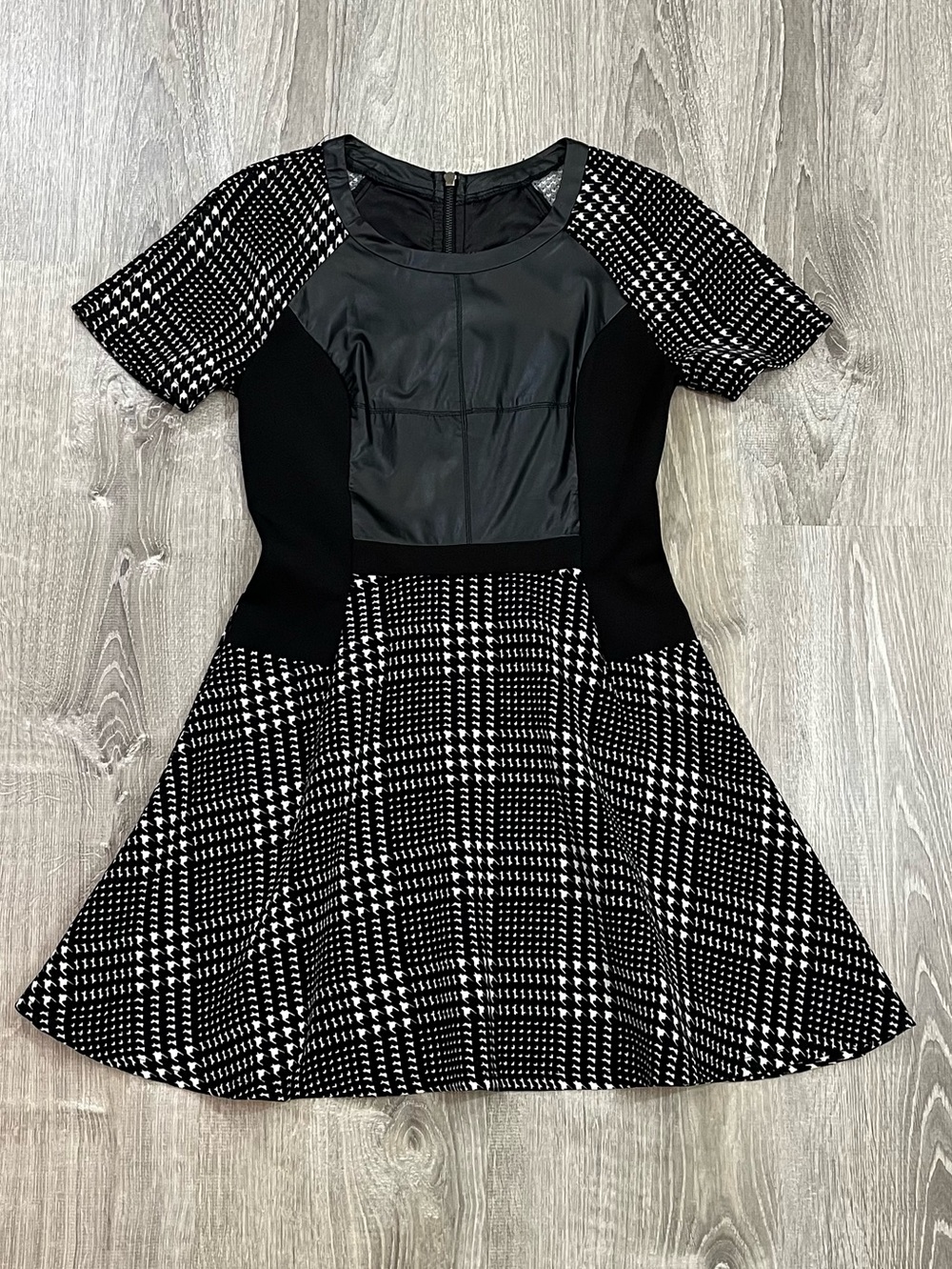 Mustard Seed Size Small Black White Houndstooth Plaid Faux Leather Mini Dress